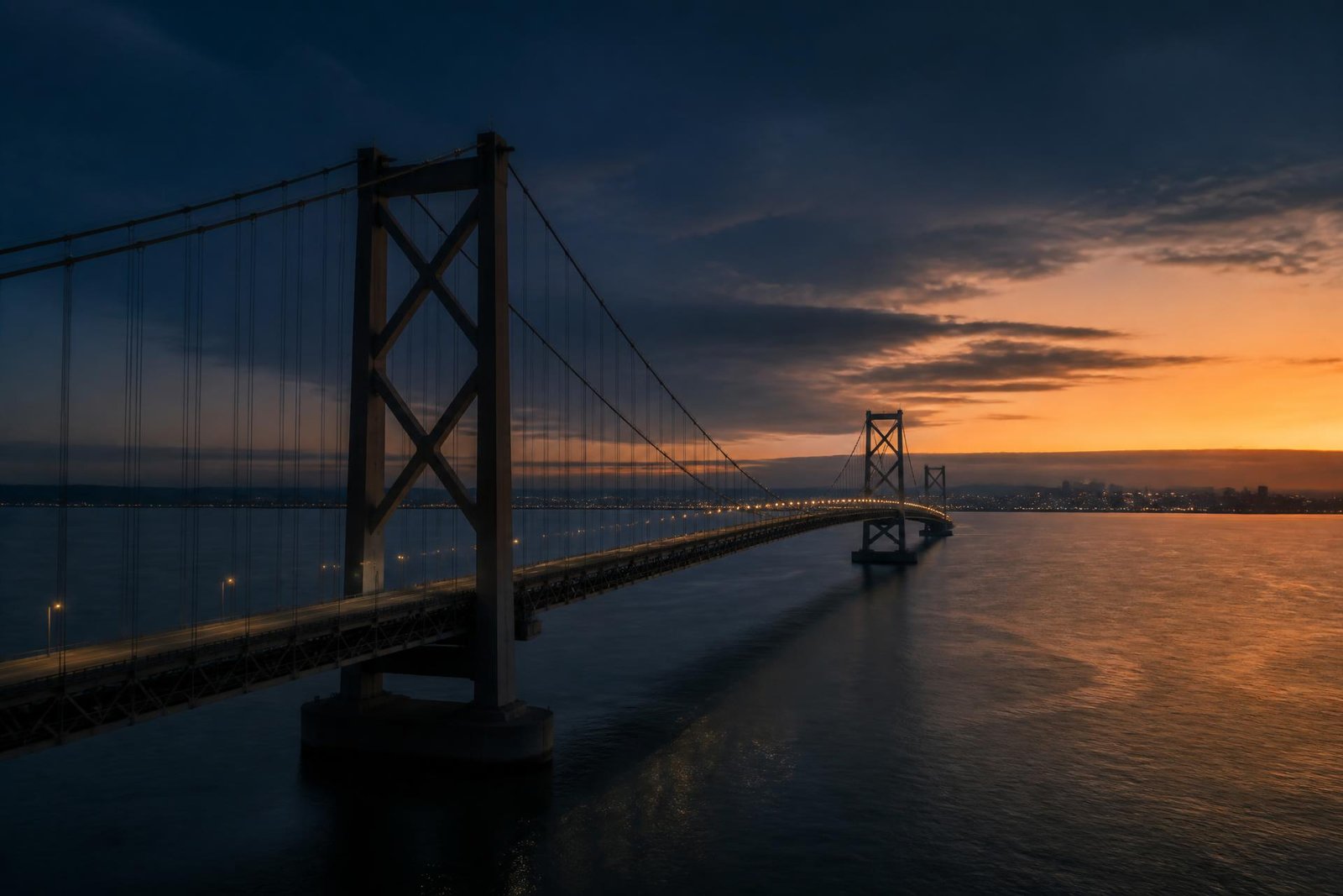 Travessia monumental sobre a baía de Maputo ao anoitecer — infraestrutura nacional